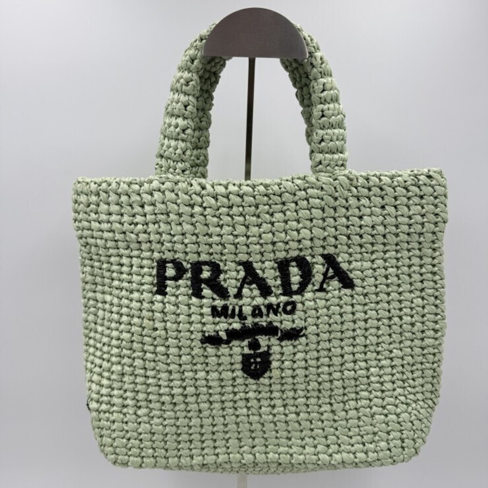 PRADA Raffia Tote Bag Aqua Embroidery Handbag
